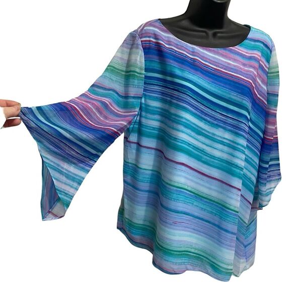 Chico’s Vivid Striped Asymmetrical Top Sz L Petite - Picture 1 of 9
